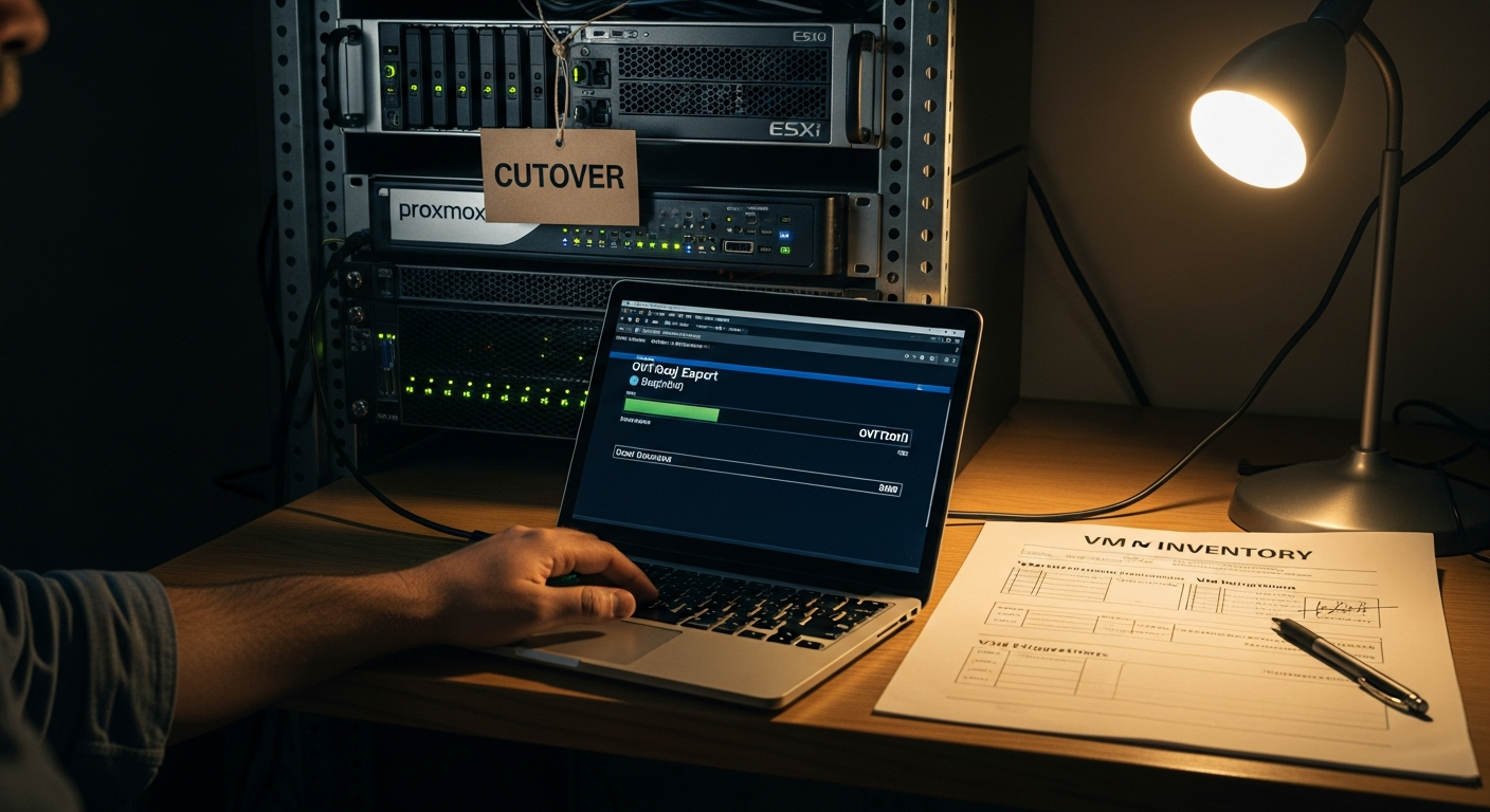 A migration in progress showing a red CUTOVER tag on a server and an ovftool export running on a console