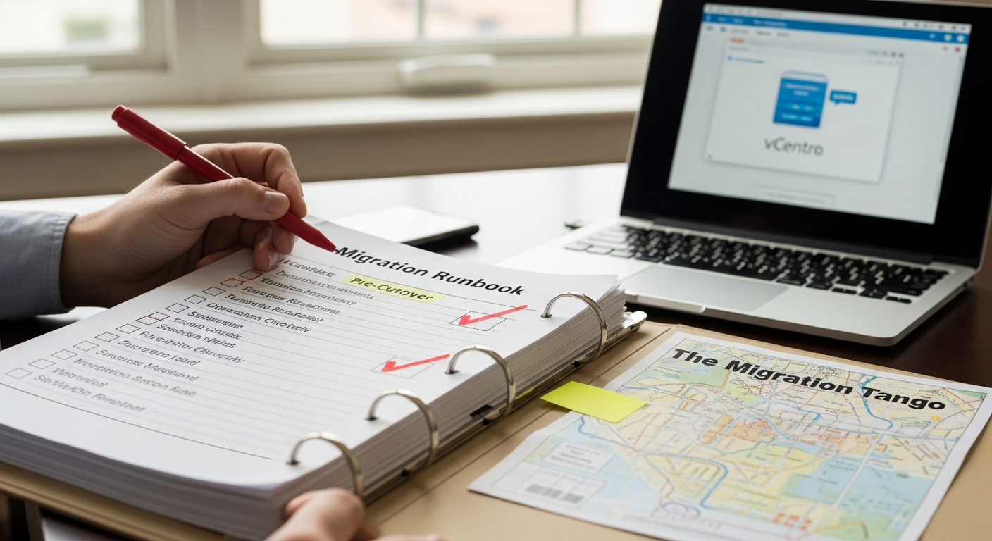 A migration runbook in a binder with red checkmarks down the pre-cutover validation steps