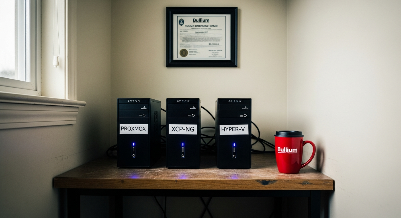 A small SMB workbench with three candidate hypervisor hosts labelled Proxmox, XCP-ng, and Hyper-V