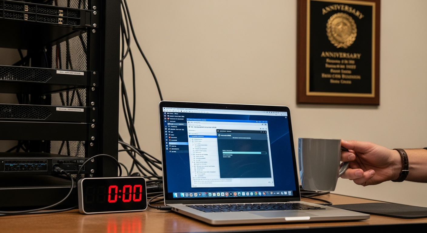 A migration cutover in progress with a red countdown clock and a Proxmox console showing import progress