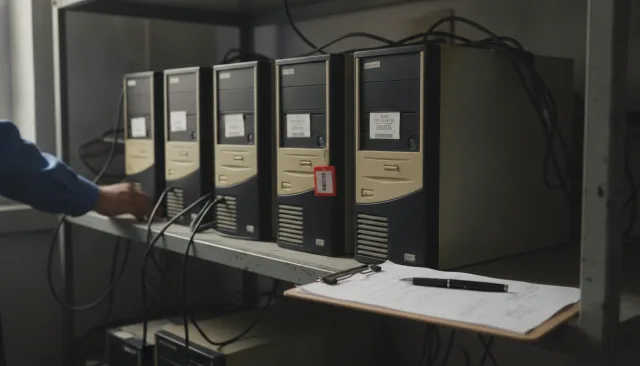 Older office desktop towers lined up on a storage shelf with white asset labels, one marked with a red tag, beside a clipboard inventory sheet