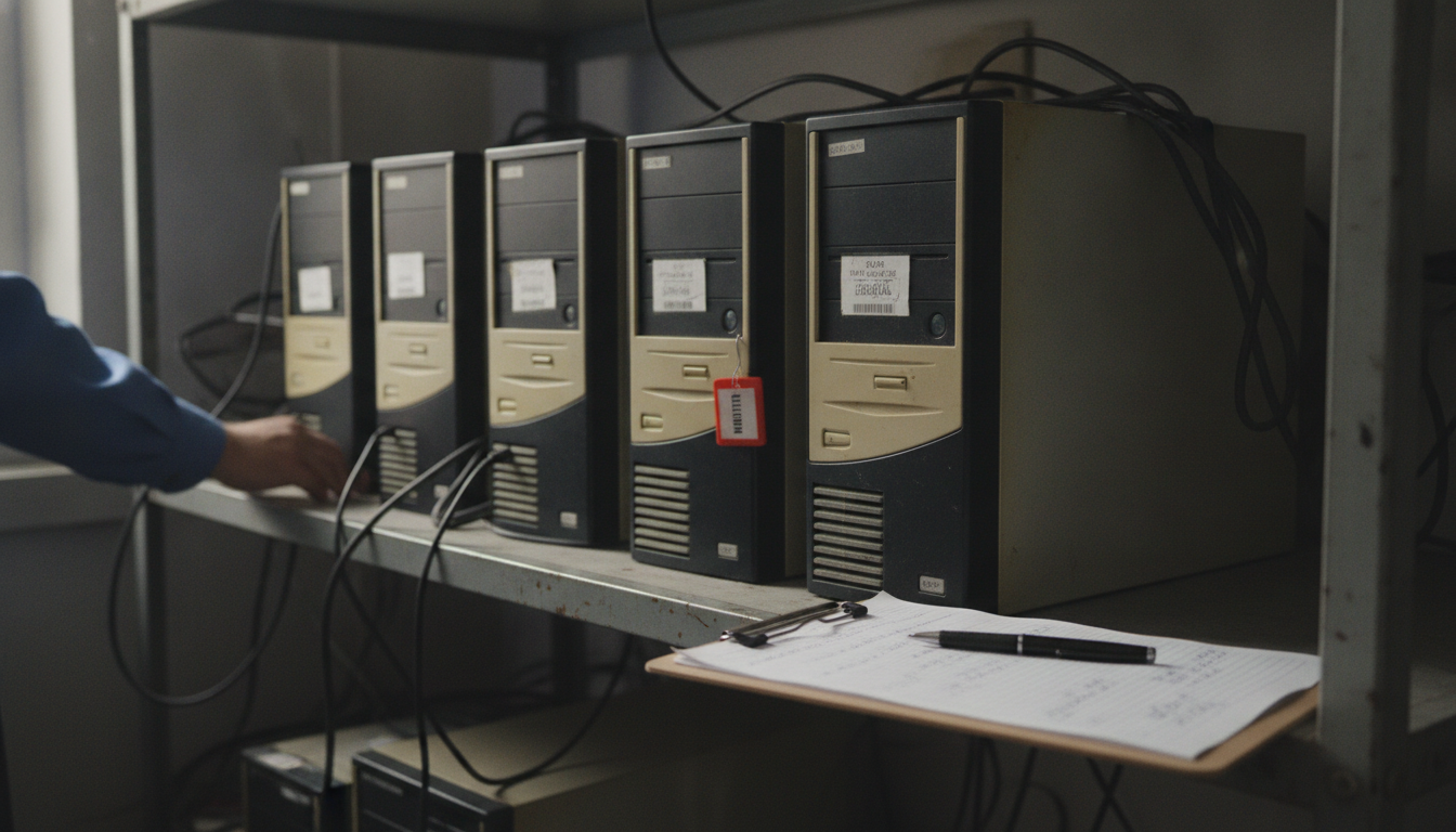 Older office desktop towers lined up on a storage shelf with white asset labels, one marked with a red tag, beside a clipboard inventory sheet