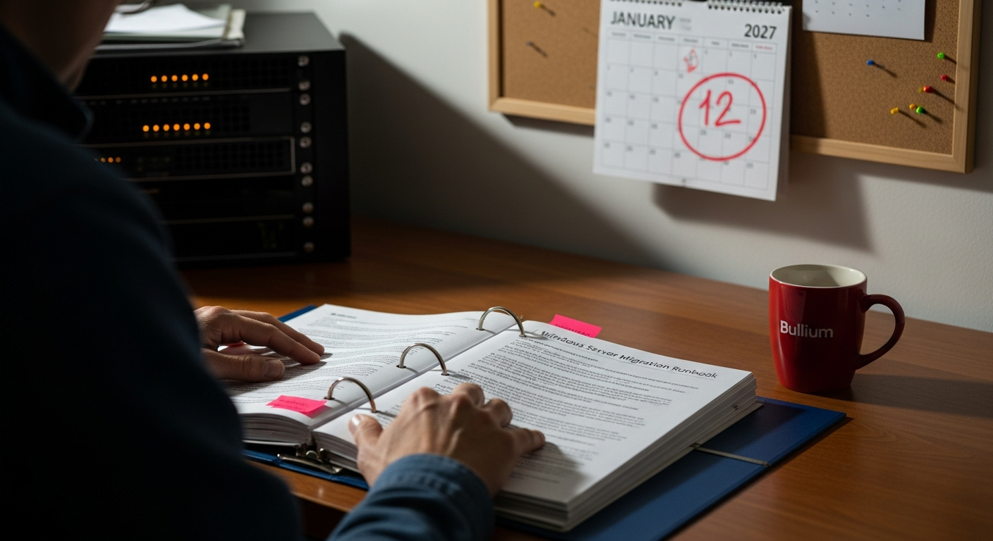 A systems administrator reviewing a Windows Server migration runbook at a desk, with a January 2027 deadline circled in red on a wall calendar behind them