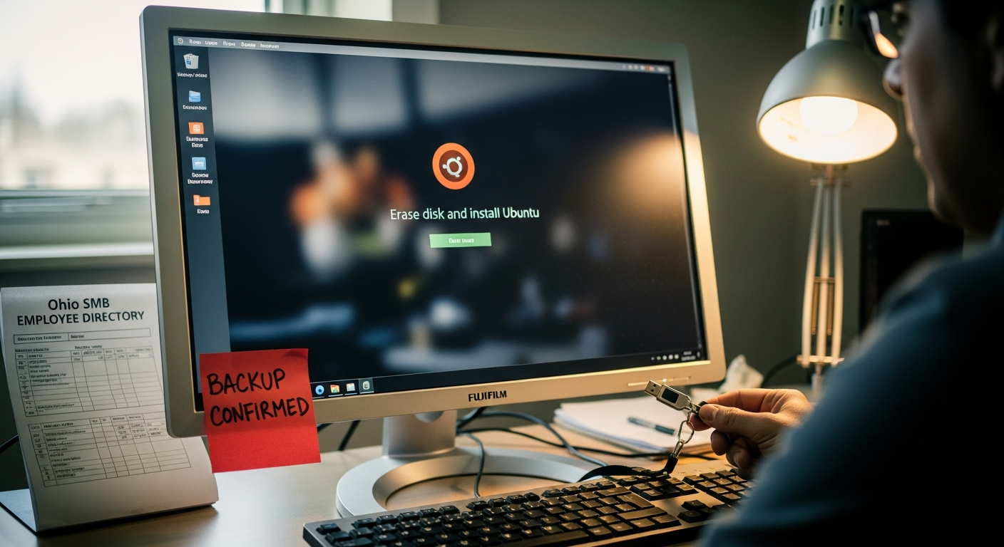 A workstation mid-migration from Windows to Ubuntu with a red BACKUP CONFIRMED sticky on the bezel