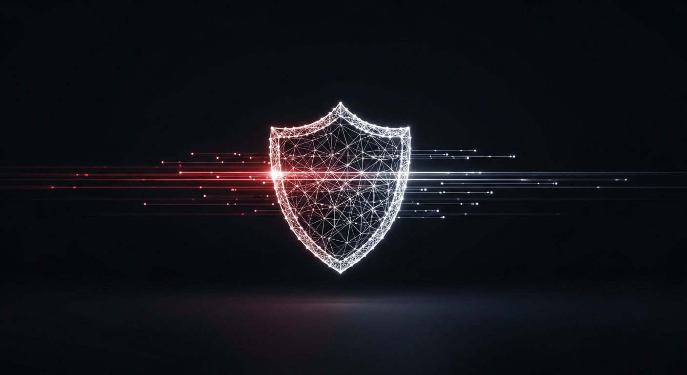 A glowing network-mesh shield with red and white light streams over a dark field, representing a secure zero-trust hybrid cloud