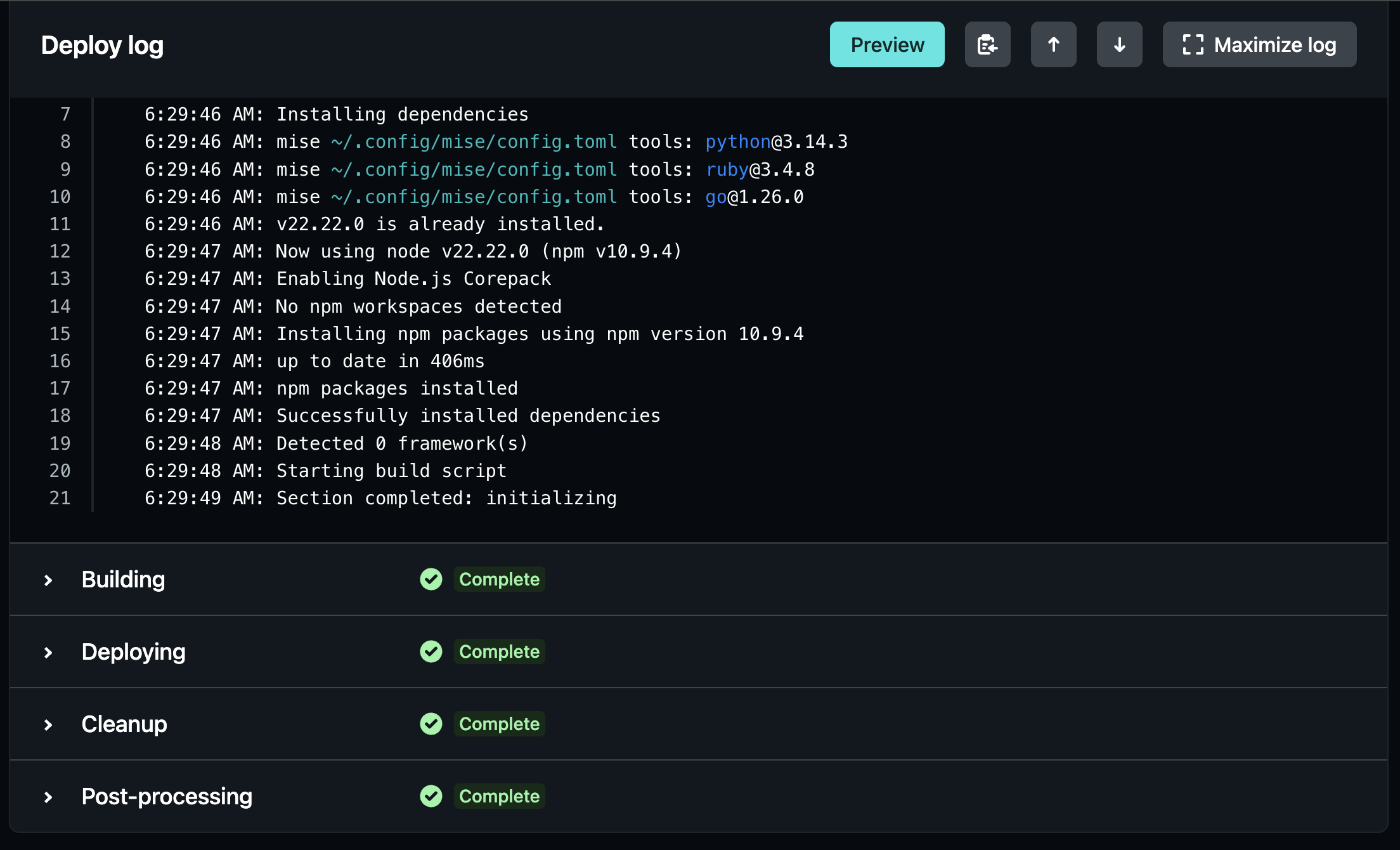 Netlify deployment pipeline showing build, deploy, and post-processing stages