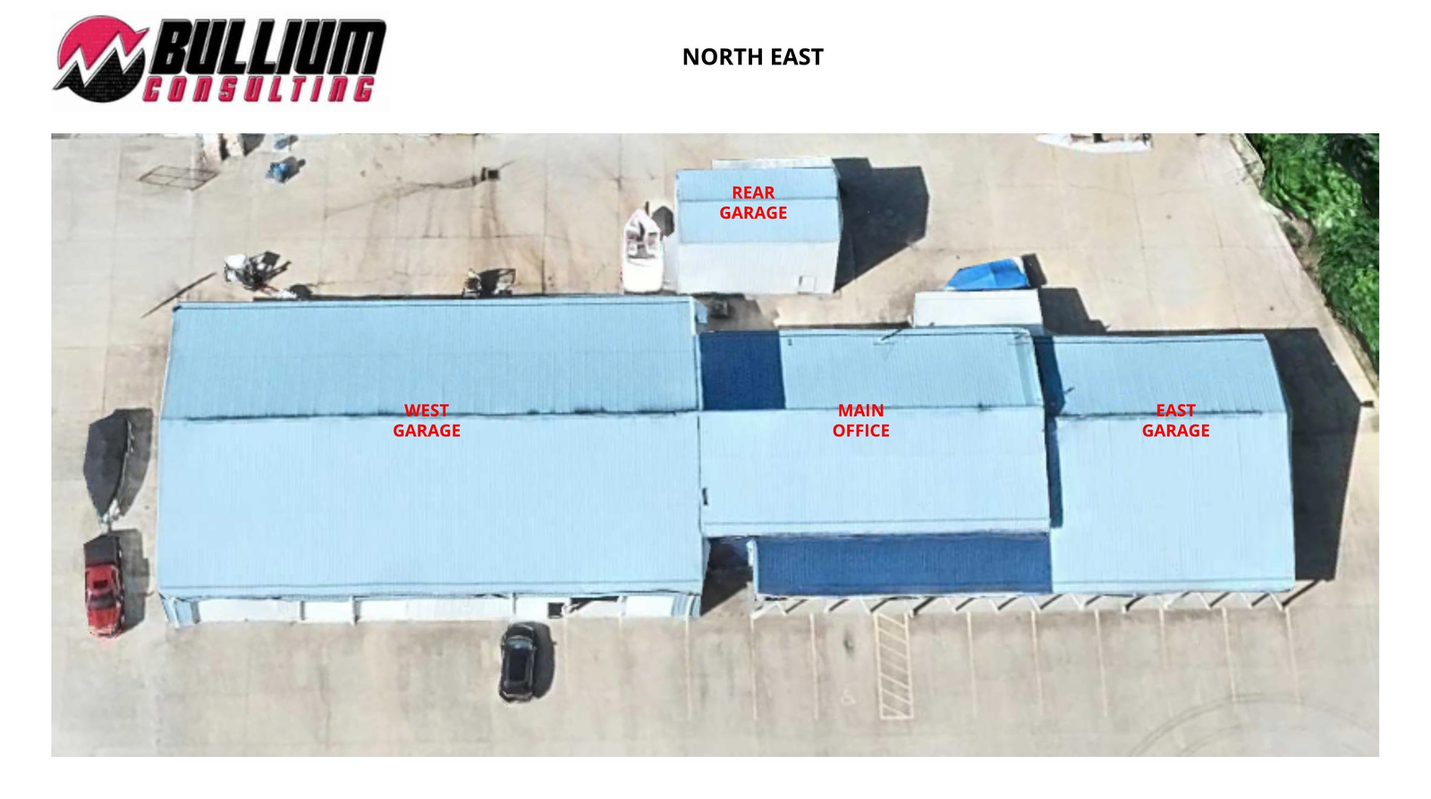 Aerial view of a multi-building campus with each structure labelled for site survey scope