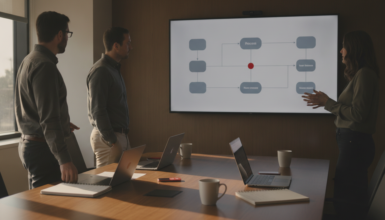 An MSP team in a small conference room mapping client workflows on a wall display, laptops open and a printed workbook on the table