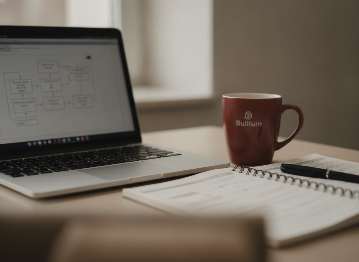 A desk with a laptop showing a flow diagram of connected process steps beside a printed training workbook and a notebook