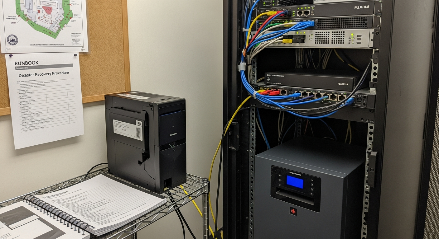 A small business rack room with a labeled UPS, a backup tape on a shelf, and a runbook binder open to a recovery procedure