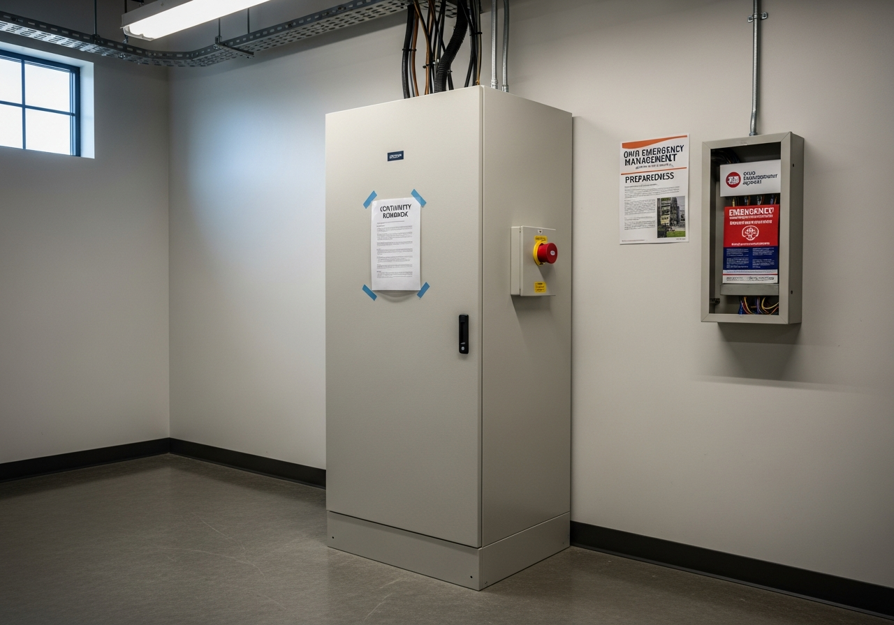 A small business UPS battery cabinet with a printed runbook taped to the door, in a clean utility room