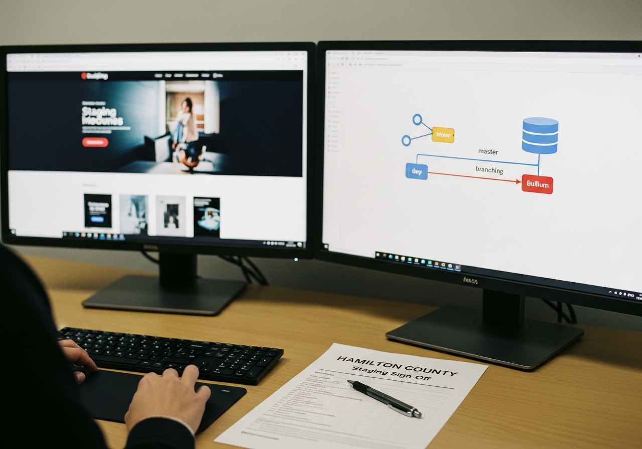 A staging site preview reviewed beside a copy-on-write database branch before changes reach production
