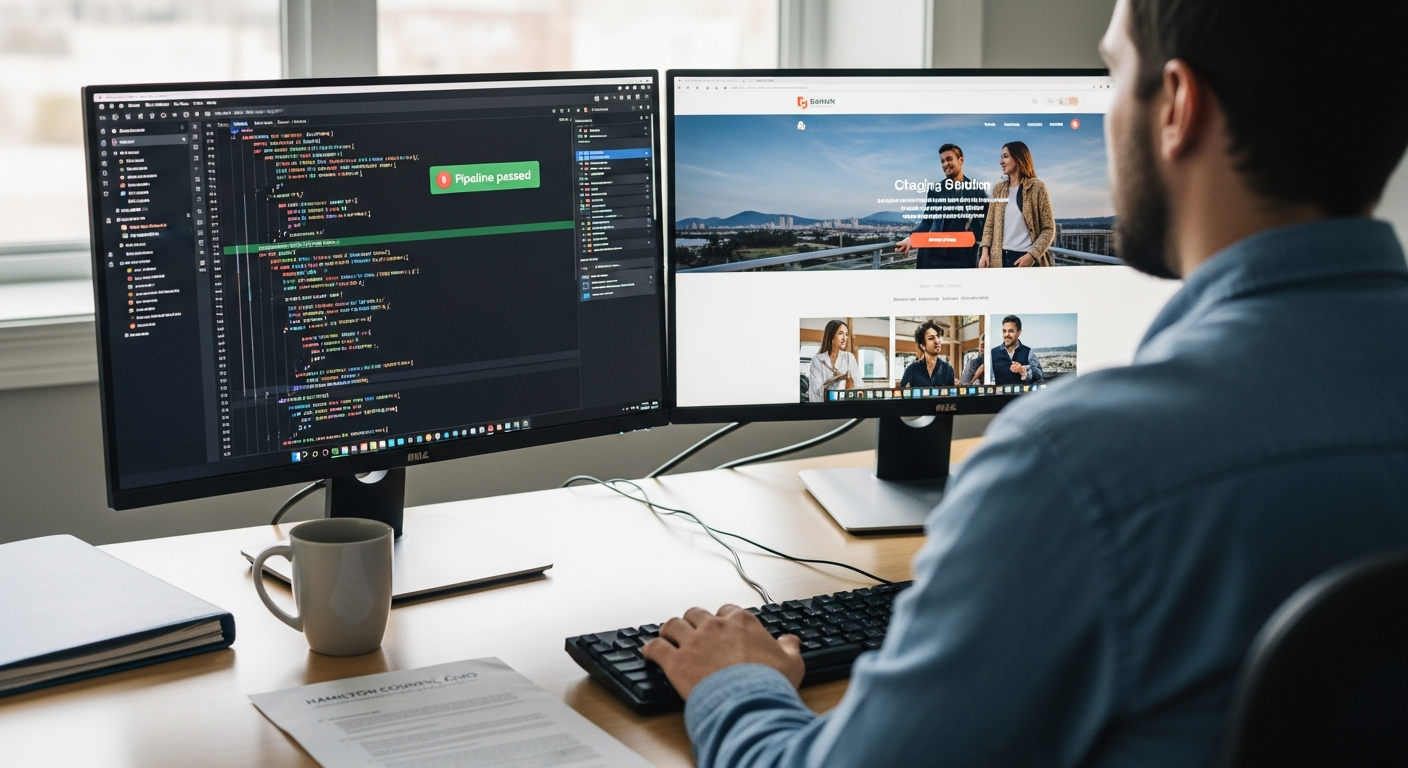 A developer reviewing a pull-request diff and a staging-deploy preview at a tidy two-monitor workstation
