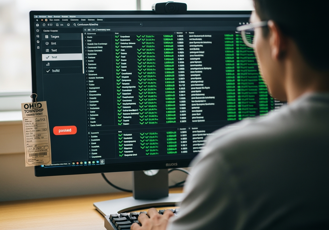 A developer watching an automated test suite and continuous-integration pipeline complete with all checks green