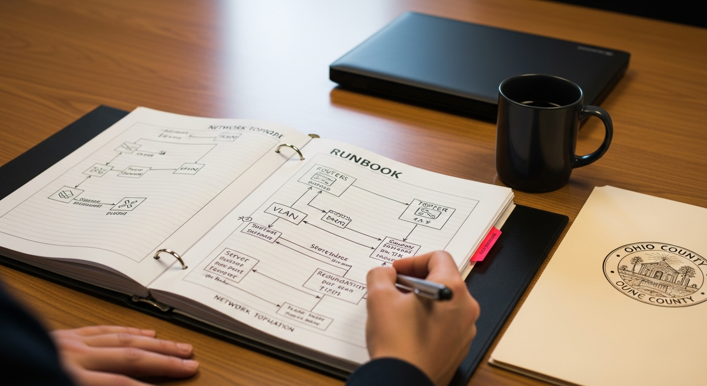 A network runbook binder open to a labeled topology diagram on a conference table next to a laptop