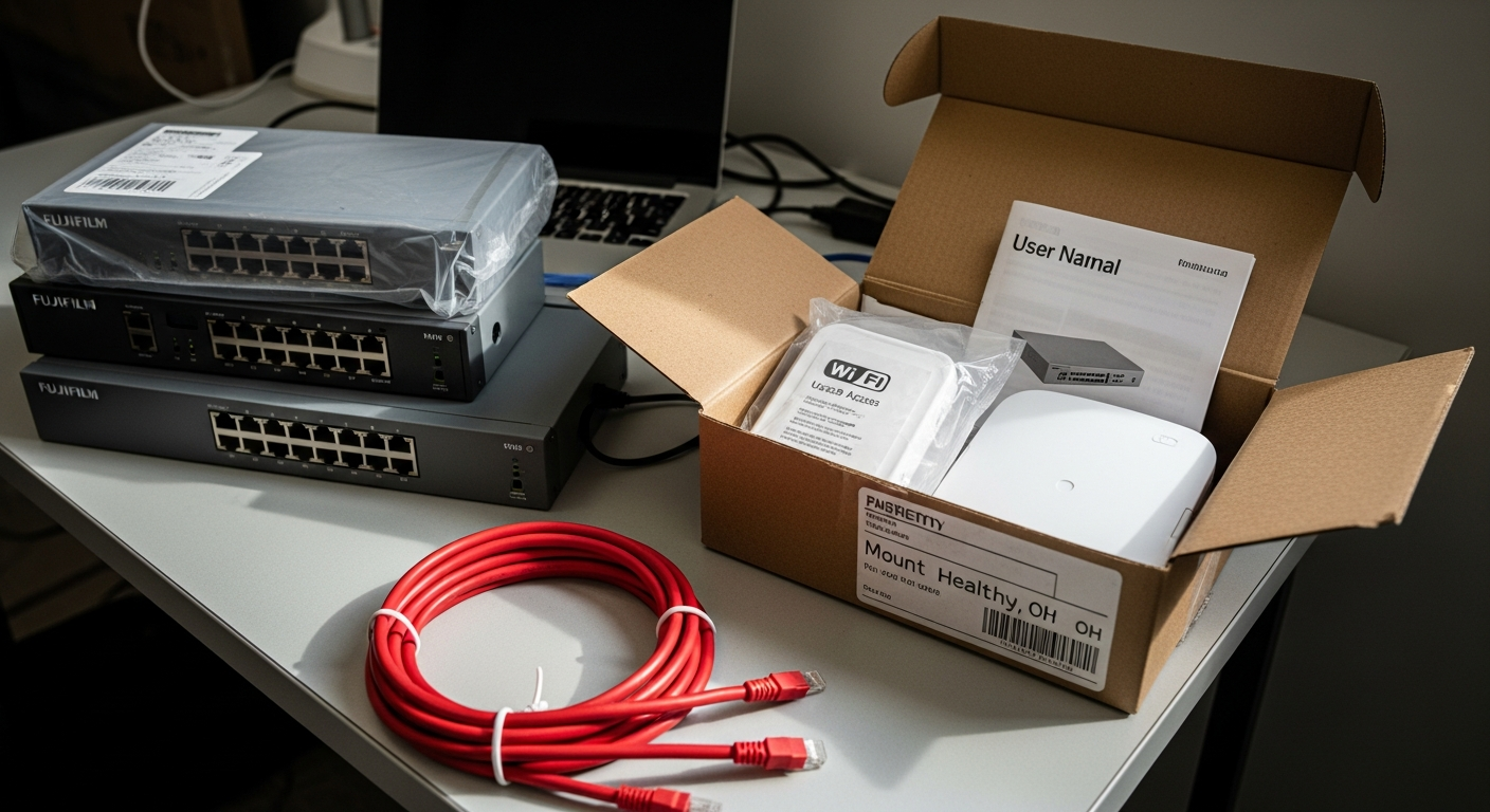 A staging bench with new networking gear ready for delivery to a small business client