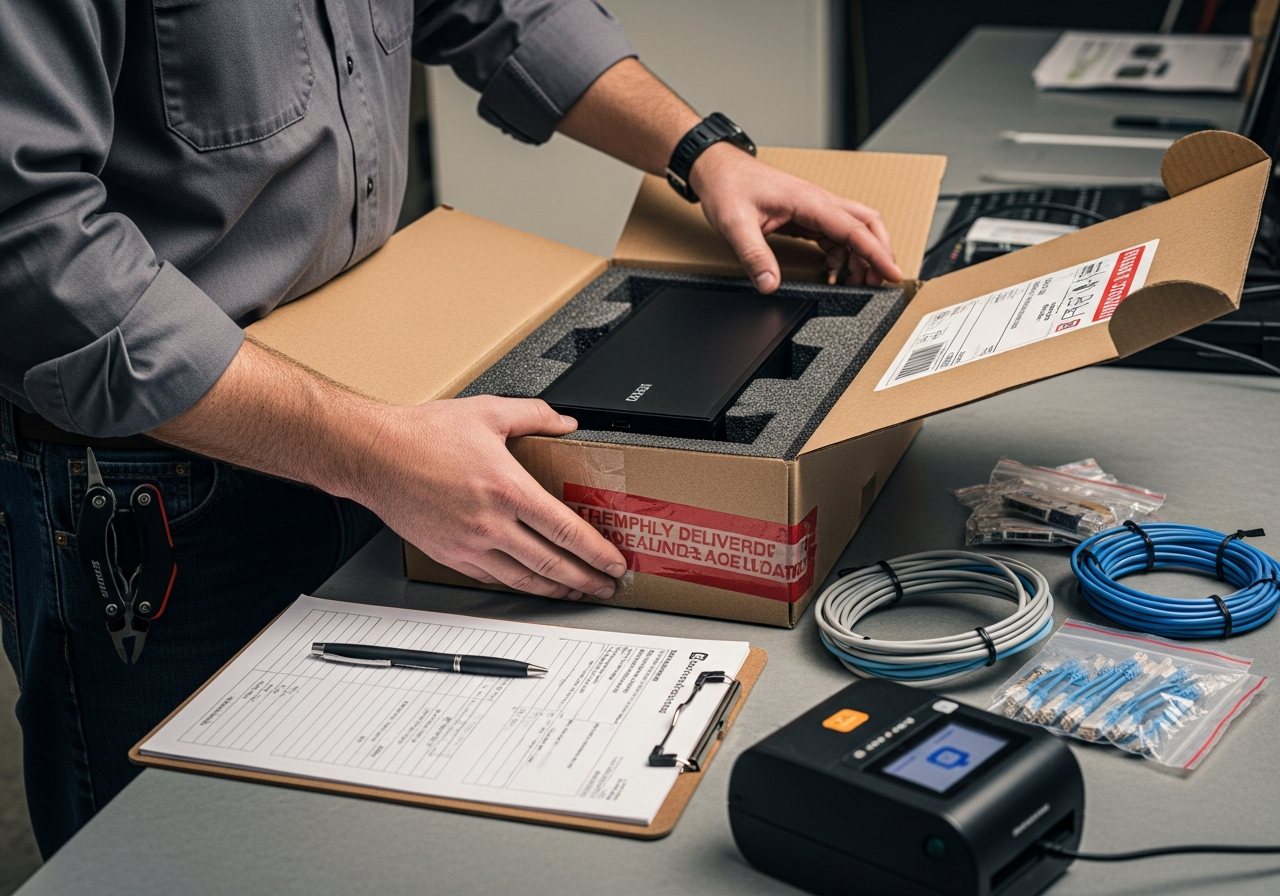 A technician unboxing a new firewall in a staging area before client deployment