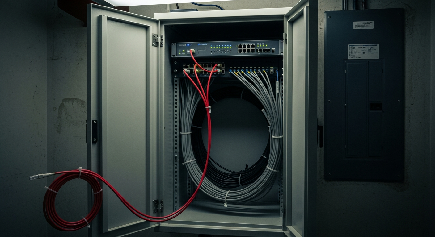 A small business server cabinet with neatly bundled cabling and a single red patch cord