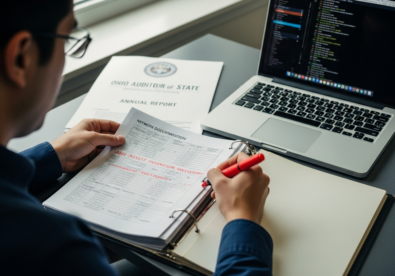 An IT consultant editing a network documentation binder with a red highlighter at a desk