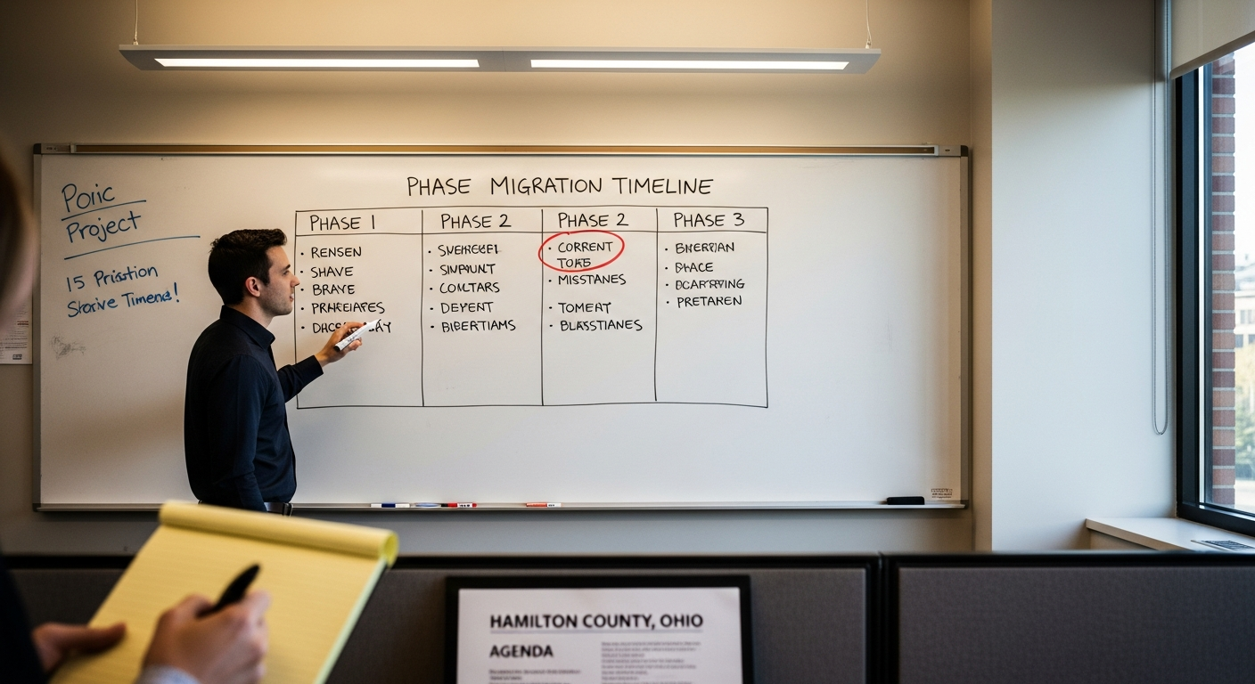 A project manager walking a client through a multi-phase IT migration timeline drawn on a whiteboard