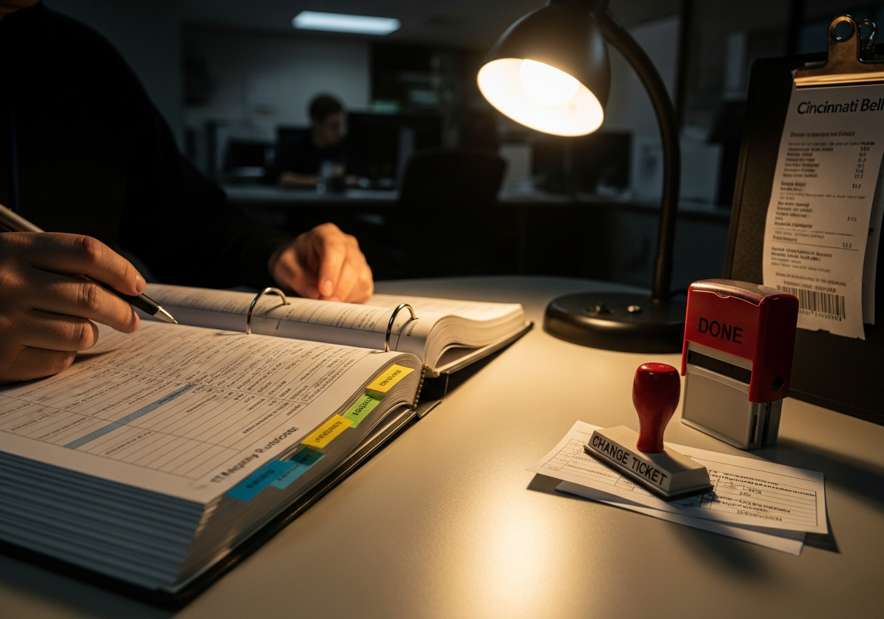 A project manager reviewing a printed migration runbook on a desk covered in coloured tab markers