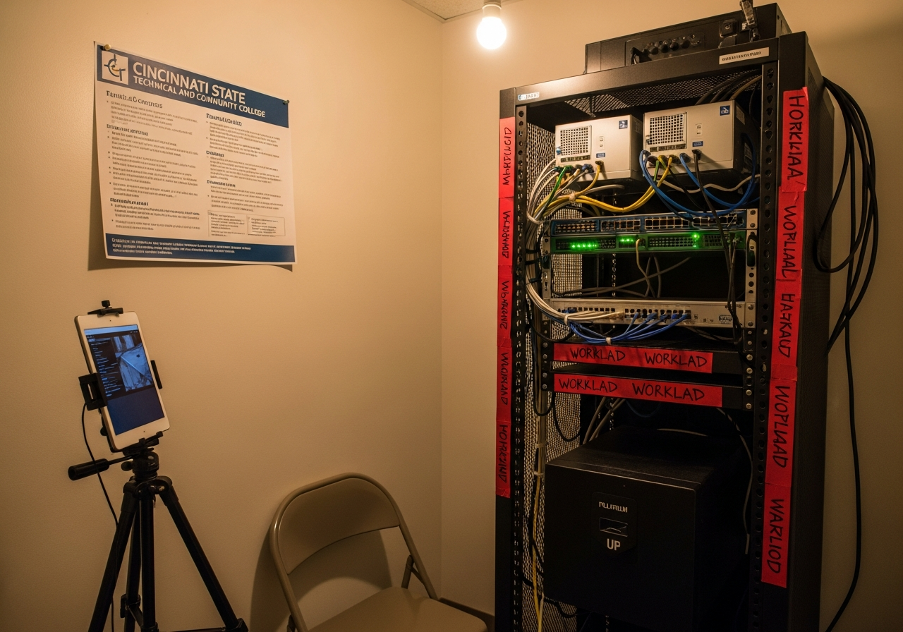 A purpose-built training lab rack with hand-labelled test workloads and patch cables
