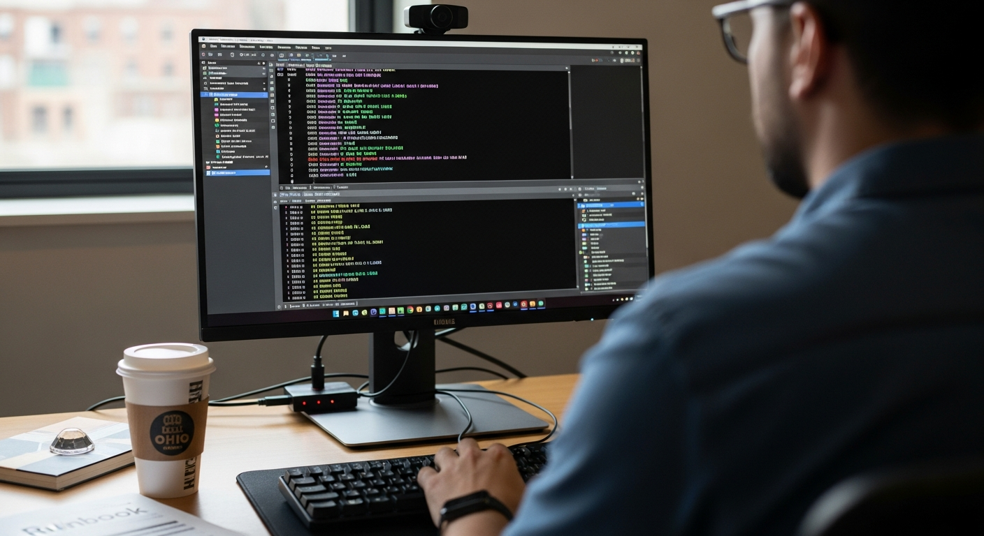 A Linux administrator reviewing journalctl output across a small server fleet at a tidy workstation