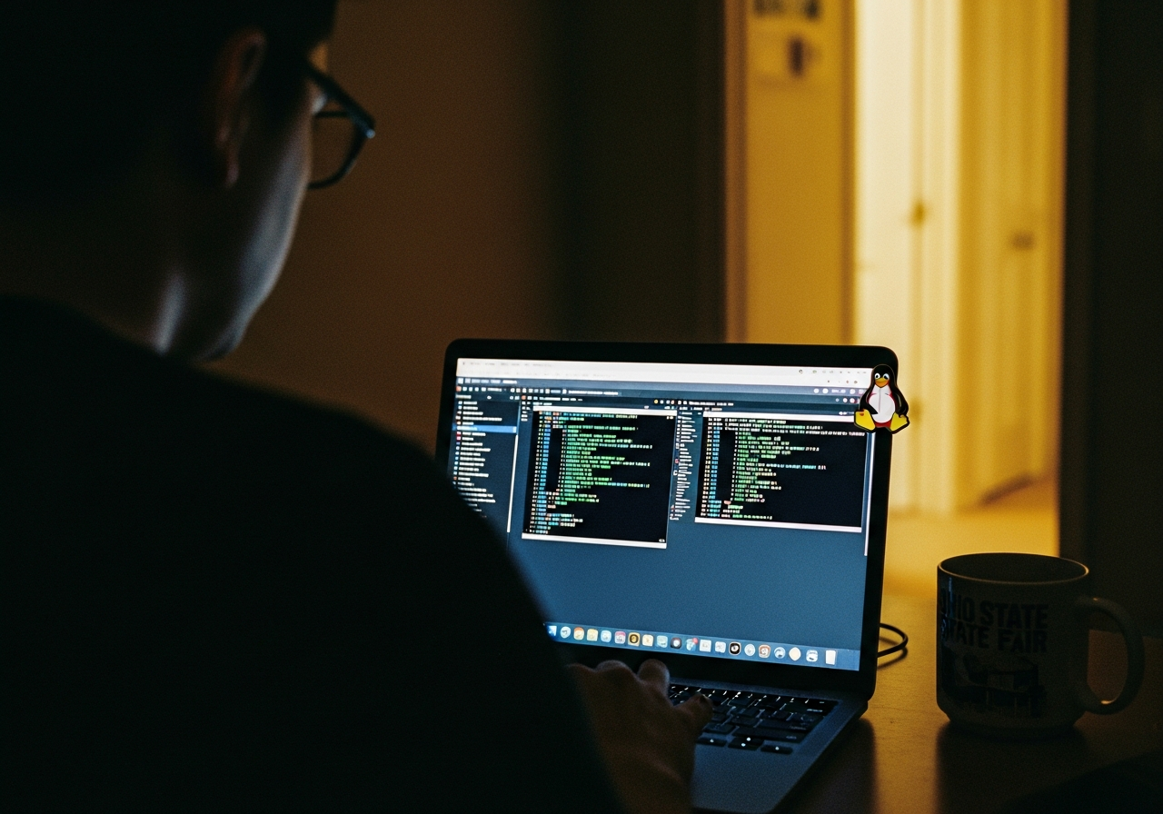 A Linux administrator working in a terminal at a desk lit only by the screen and a window
