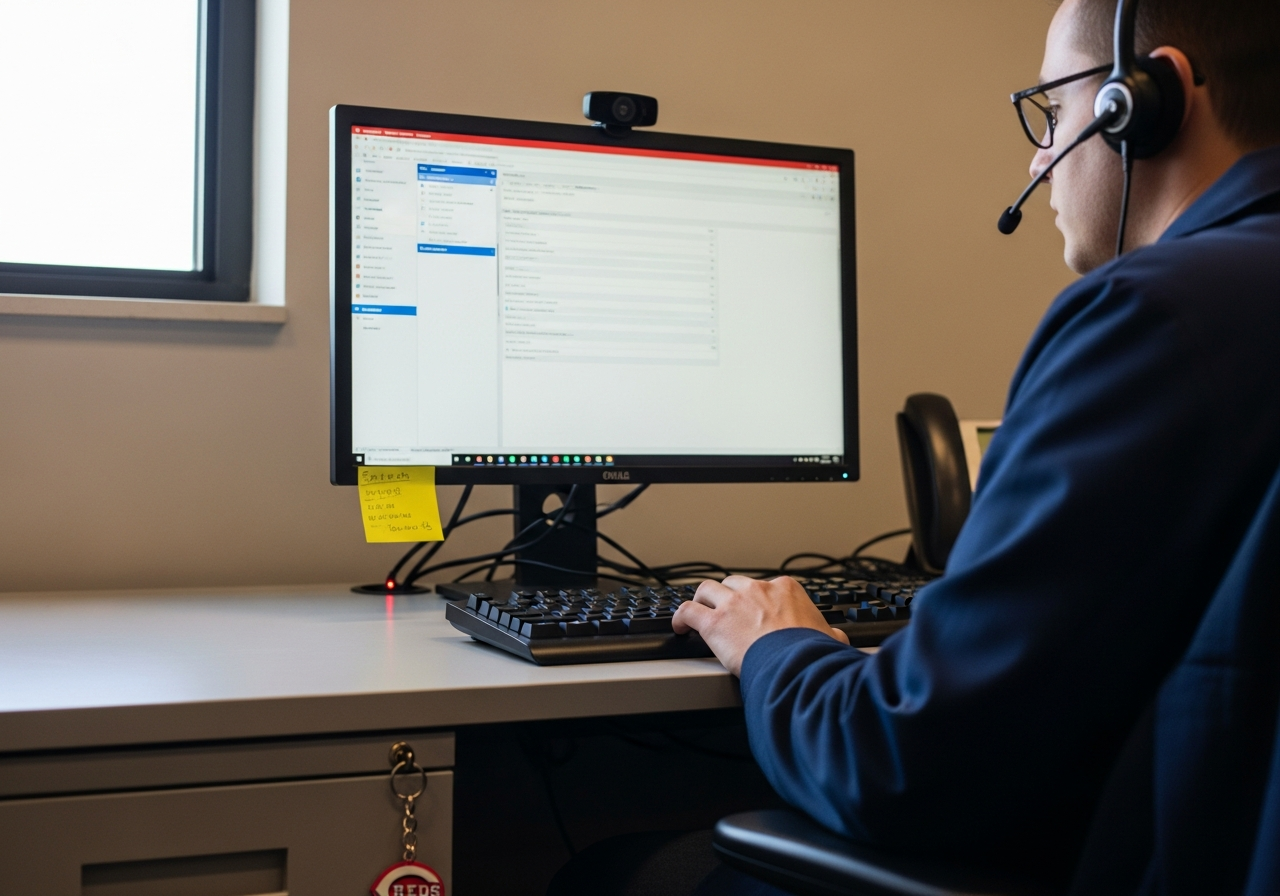 A technician on a remote-support call at a tidy workstation in a small Ohio MSP office