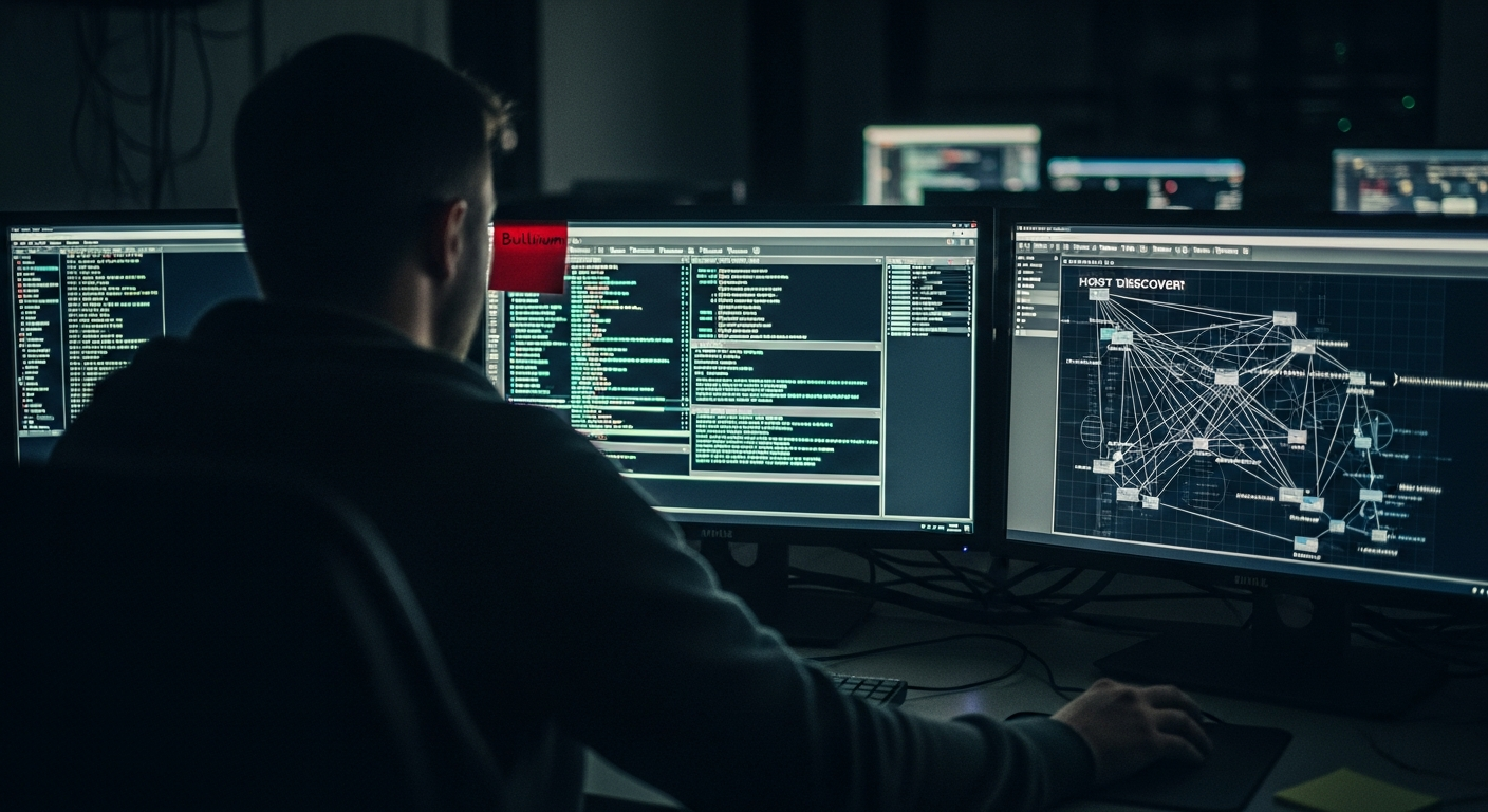 A network security practitioner reviewing a live vulnerability scan across multiple monitors in a dim operations room at night.