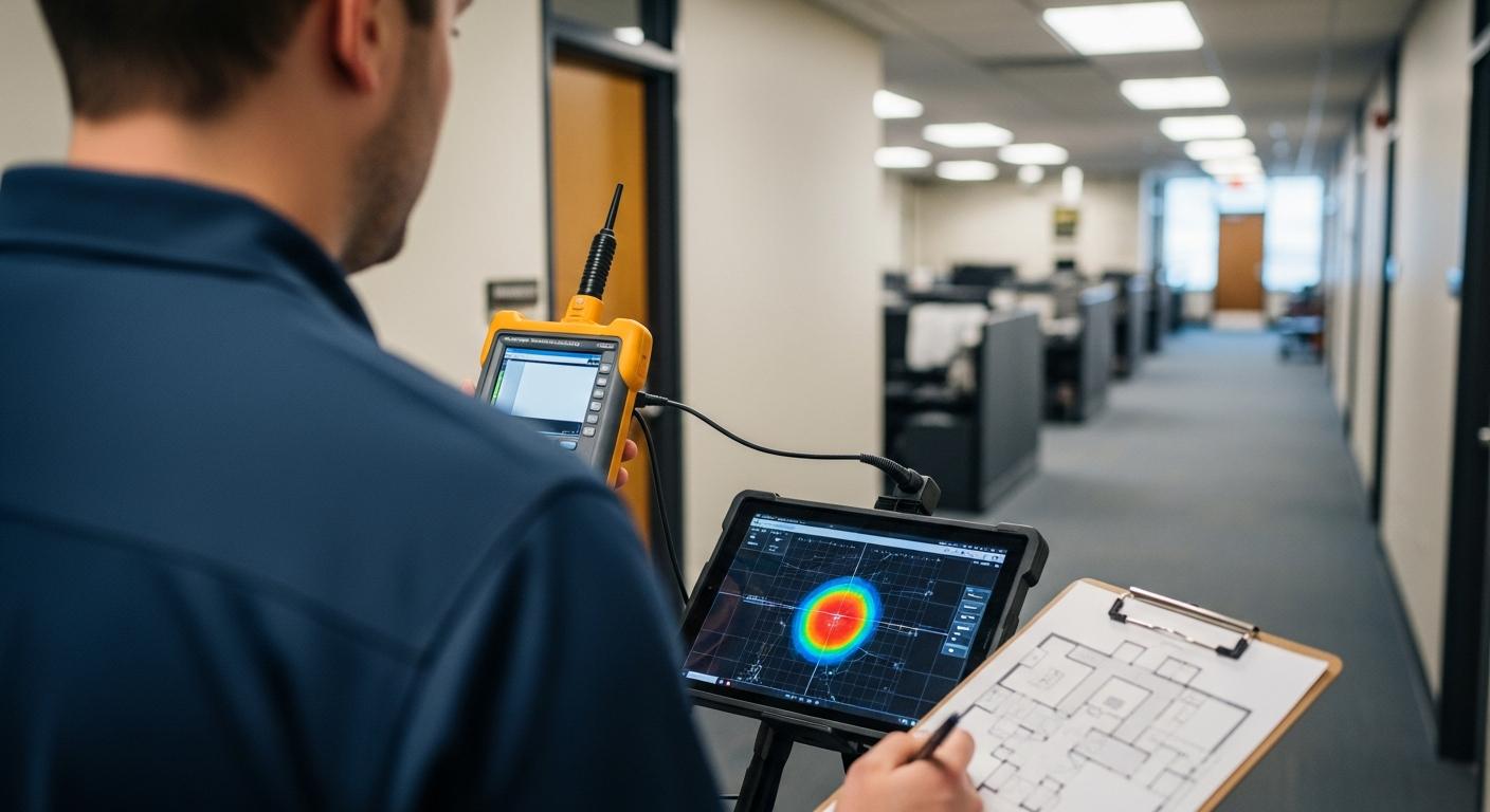 A field technician walking a multi-room office with a WiFi heat-map app on a tablet and a calibrated spectrum analyzer