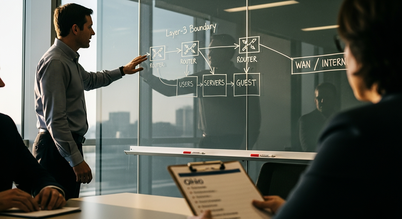 A network architect sketching a multi-VLAN topology on a glass wall while a client takes notes