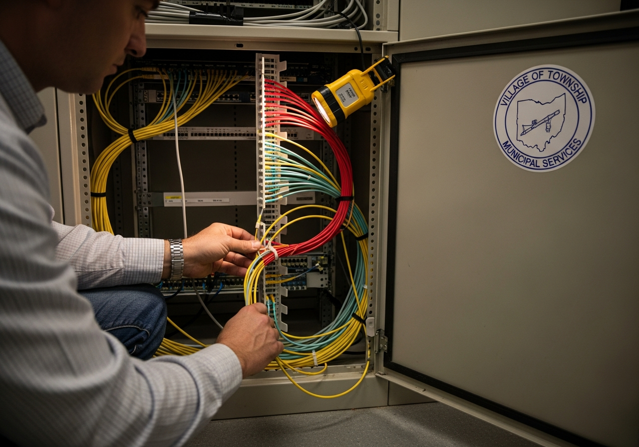 A network engineer dressing in a fiber bundle in a township network closet