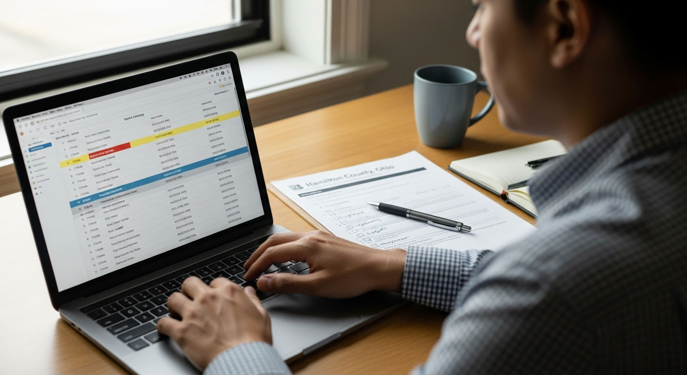 A security consultant reviewing prioritized vulnerability findings on a laptop next to a printed compliance checklist