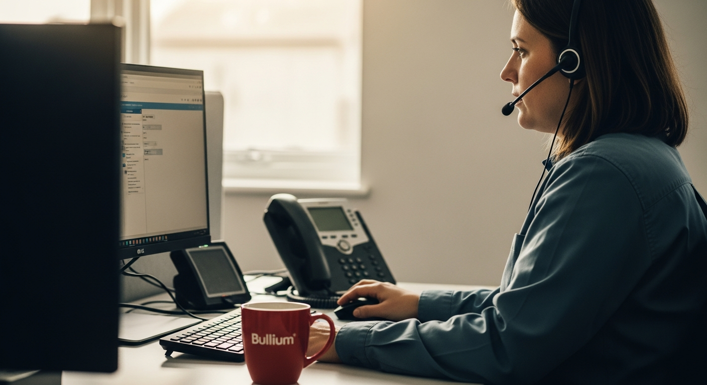 A front-office support specialist on a headset call at an operations desk, a softphone app open on the monitor beside a desk phone