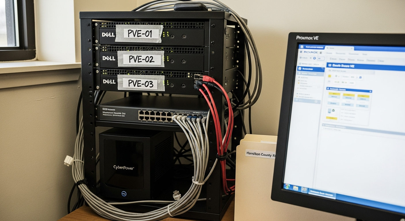 A Proxmox VE three-node cluster on a small rack with a labeled OptiPlex stack and a single red patch cable