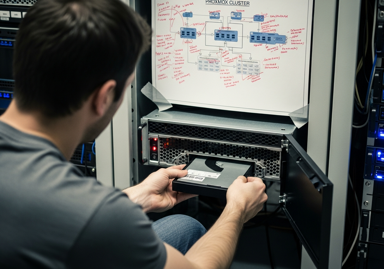 A technician seating a hot-swap drive into a Proxmox host in a small SMB server room
